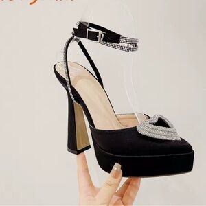 Elegant Black Platform Heels with Rhinestone Accents